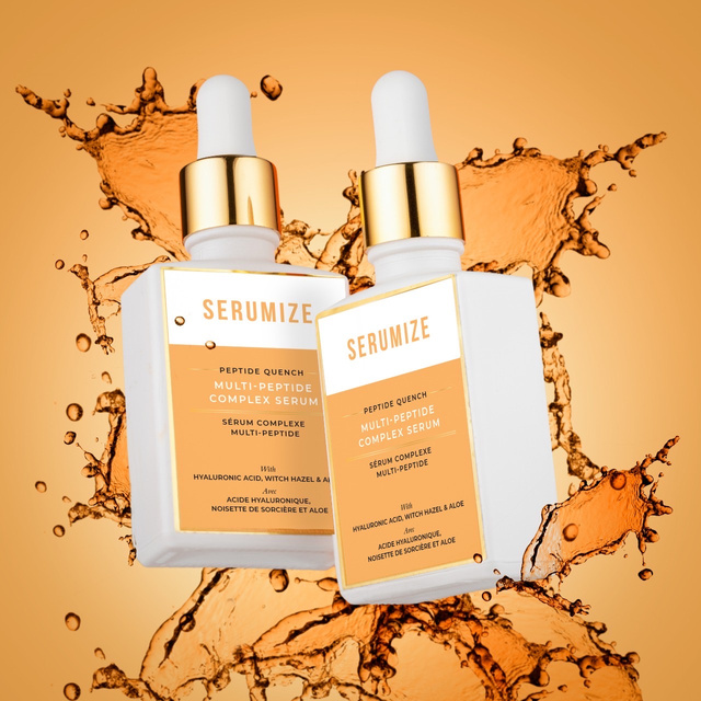 The image showcases a collection of SERUMIZE SKIN products from HBL. In the foreground, there's a sleek and elegant bottle of "Peptide Quench Serum," on a product splash background. The bottle is a white with orange labels and gold treatment pump.